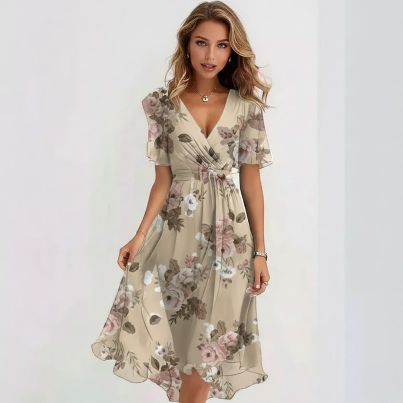 Elegancka sukienka midi z dekoltem w serek – pochlebna sylwetka dla nowoczesnych kobiet