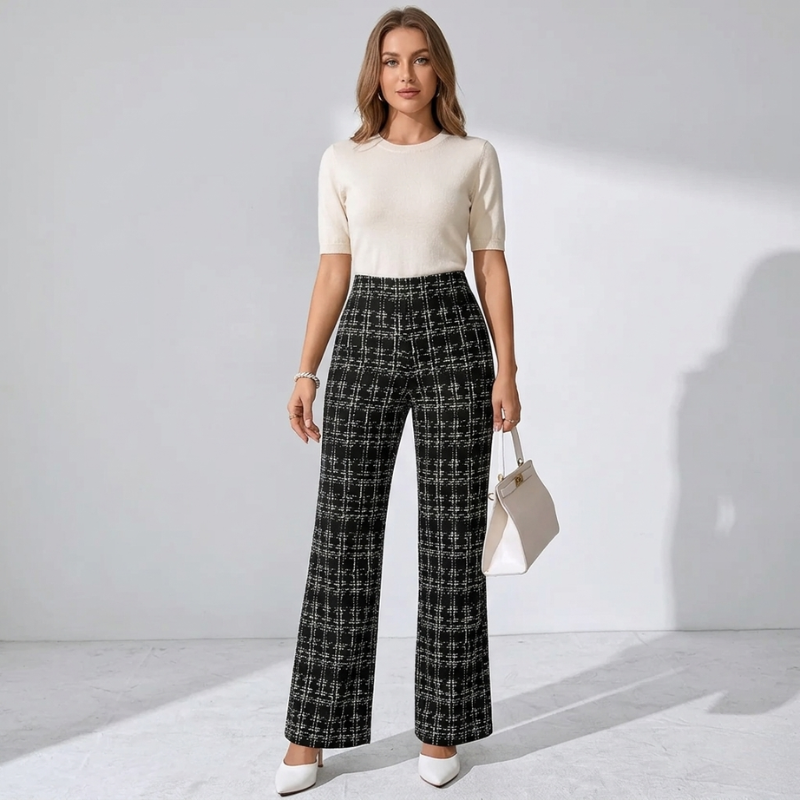 Elegant women's high-waisted flare trousers with a tweed check pattern – elastic wide-leg trousers