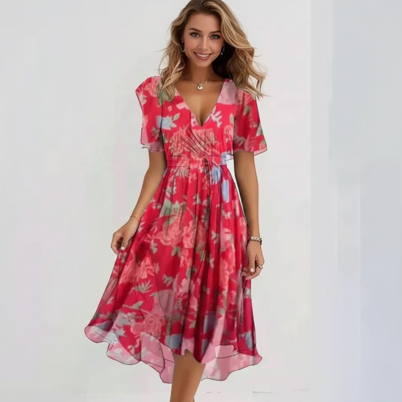 Elegancka sukienka midi z dekoltem w serek – pochlebna sylwetka dla nowoczesnych kobiet