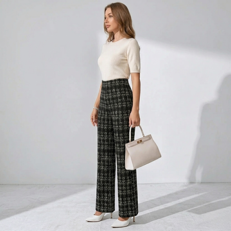 Elegant women's high-waisted flare trousers with a tweed check pattern – elastic wide-leg trousers