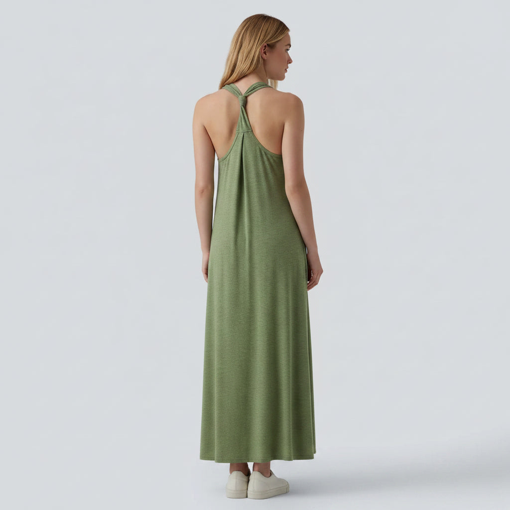 Zwiewna, długa sukienka z dekoltem w kształcie litery U – zwiewna, swobodna sukienka maxi z eleganckim drapowaniem