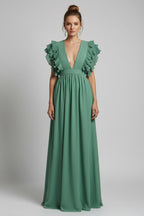 Sukienka maxi w stylu boho z dekoltem w serek – elegancka, zwiewna, długa sukienka z frędzlami na rękawach