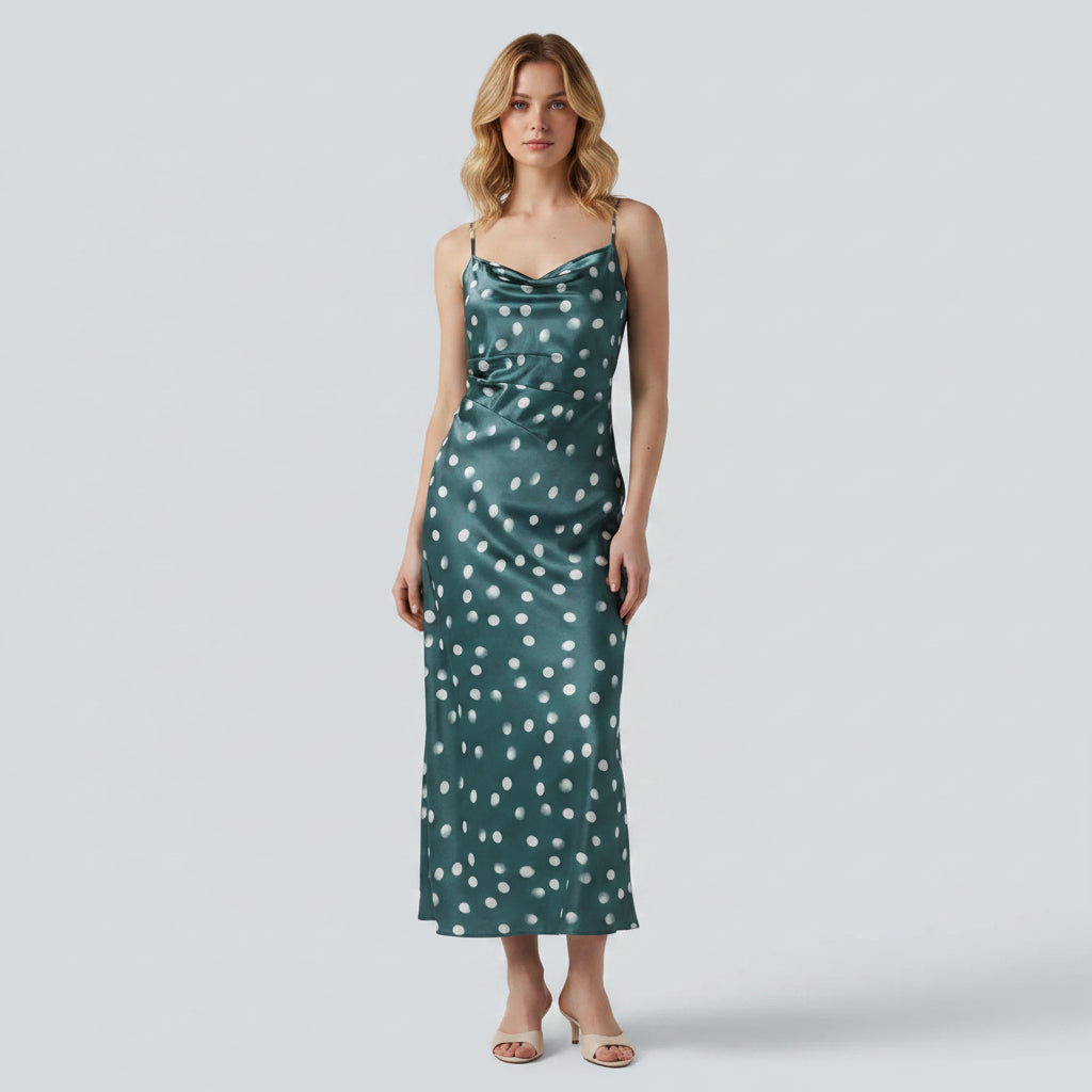 Flattering satin bridesmaid dress – ruched slip silhouette with a polka dot print and open back tie detail