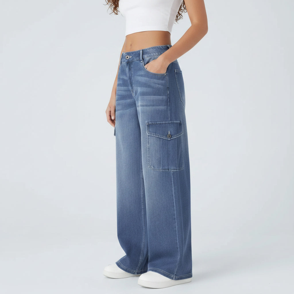 Jeansy cargo z niskim stanem i szerokimi nogawkami – Baggy Fit Utility Denim