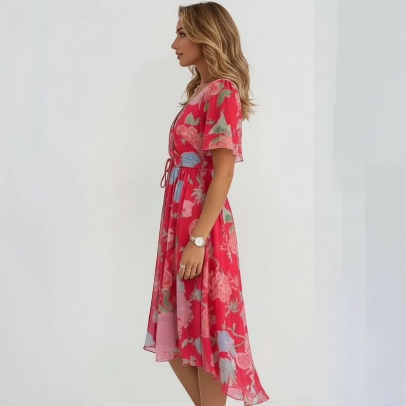 Elegancka sukienka midi z dekoltem w serek – pochlebna sylwetka dla nowoczesnych kobiet