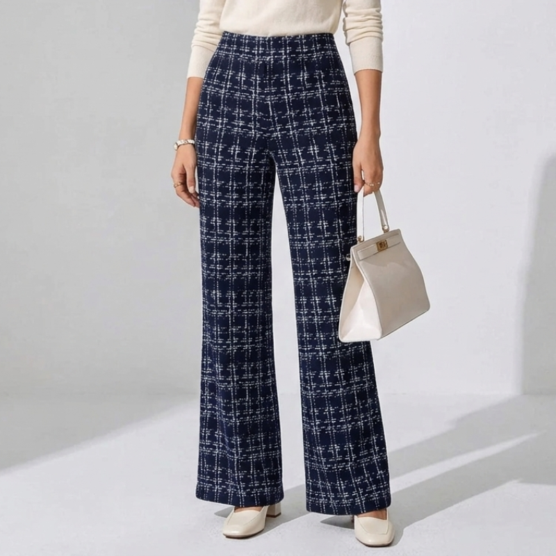 Eleganckie spodnie damskie z wysokim stanem i tweedową kratą w stylu flare – elastyczne spodnie z szerokimi nogawkami