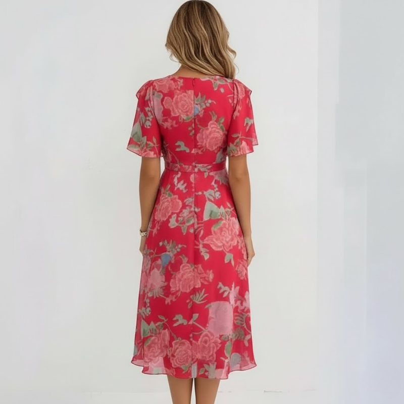 Elegancka sukienka midi z dekoltem w serek – pochlebna sylwetka dla nowoczesnych kobiet