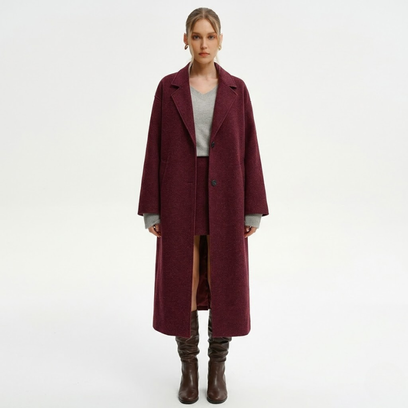 Elegancki damski długi tweedowy zimowy płaszcz – klasyczna, ciepła odzież wierzchnia w stylu trencza