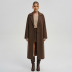 Elegant women's long tweed winter coat - classic, warm outerwear in trench coat style