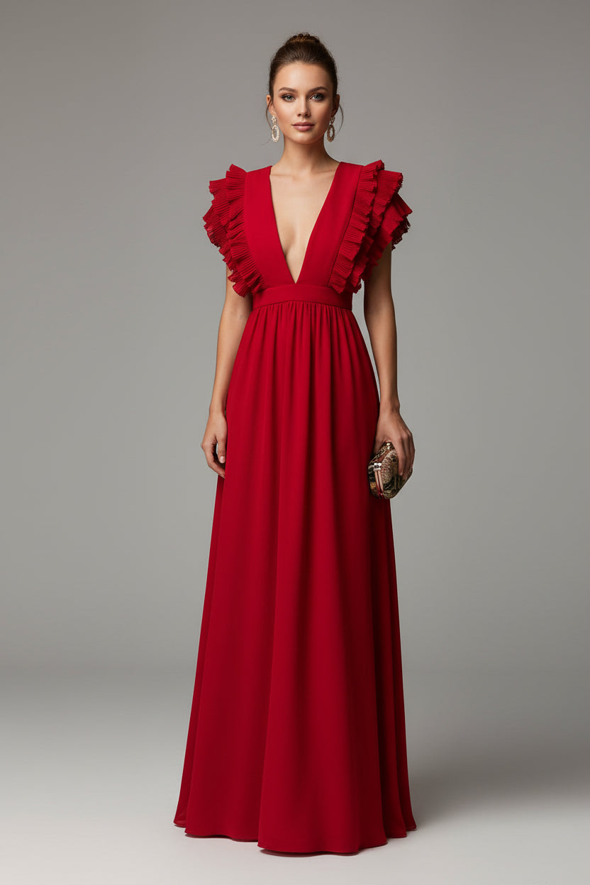 Sukienka maxi w stylu boho z dekoltem w serek – elegancka, zwiewna, długa sukienka z frędzlami na rękawach