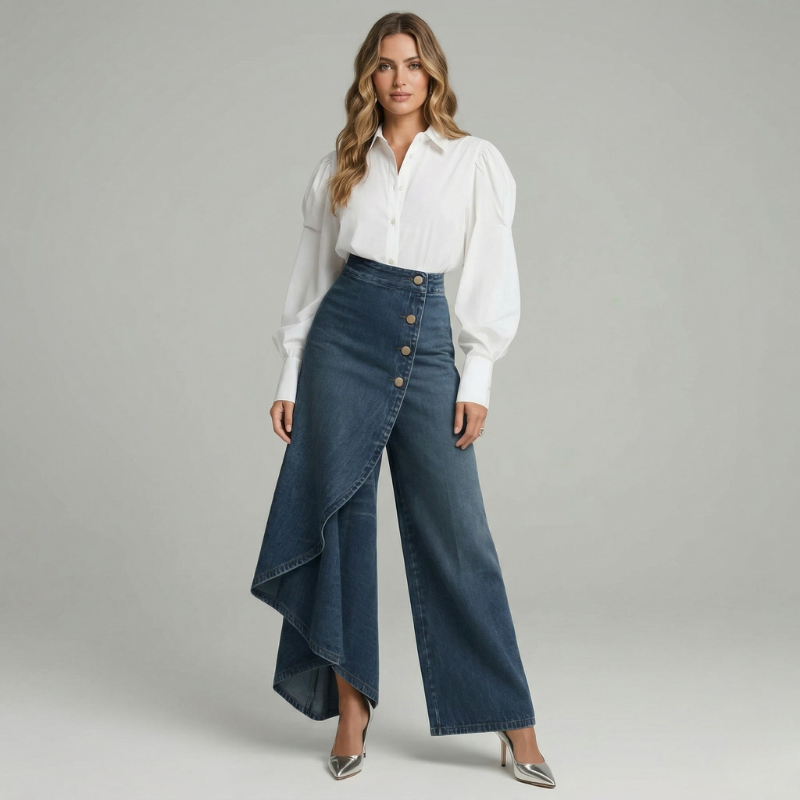 Eleganckie spodnie damskie z wysokim stanem i kopertowym przodem – zwiewne spodnie z szerokimi nogawkami