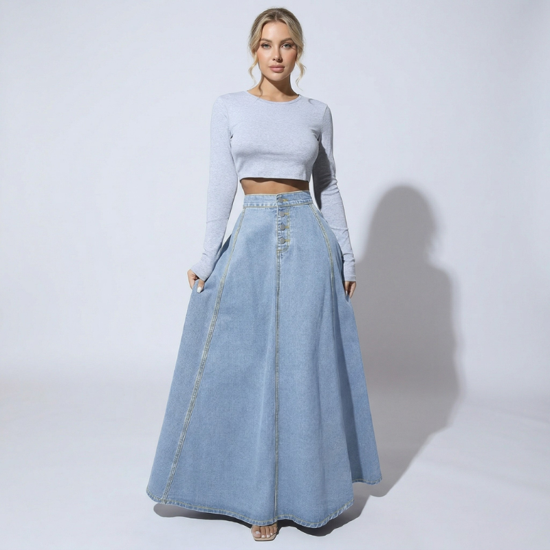 Długa spódnica dżinsowa w kratę z wysokim stanem dla kobiet – rozkloszowana, długa, swobodny i szykowny design