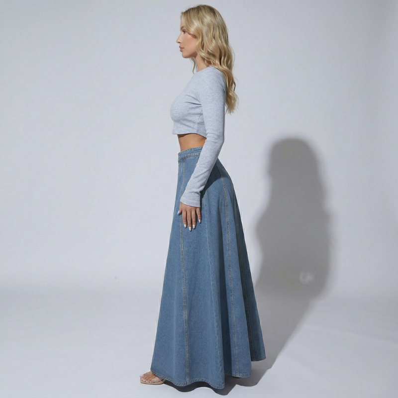 Women's High Waisted Plaid Denim Long Skirt - Flared, Maxi, Casual and Chic Design