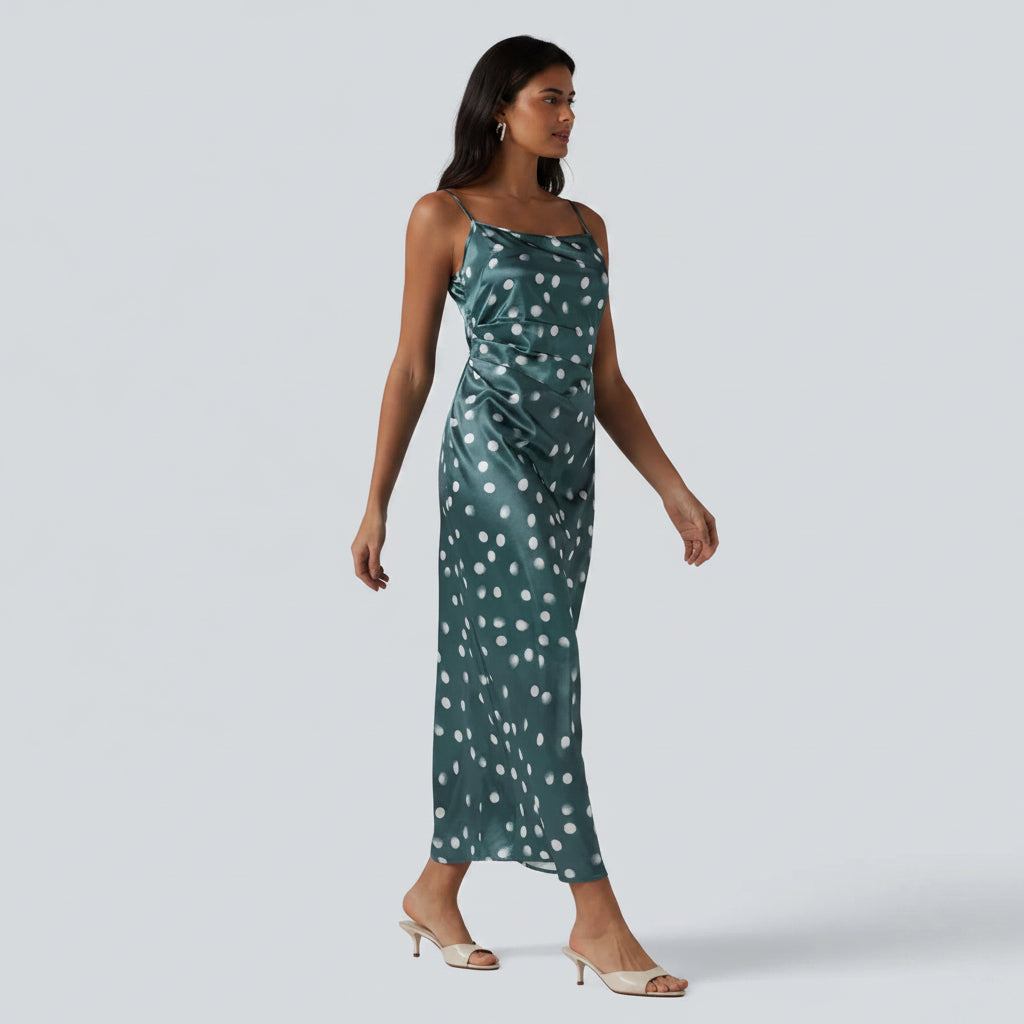 Flattering satin bridesmaid dress – ruched slip silhouette with a polka dot print and open back tie detail
