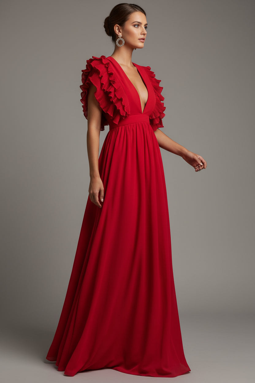 Sukienka maxi w stylu boho z dekoltem w serek – elegancka, zwiewna, długa sukienka z frędzlami na rękawach