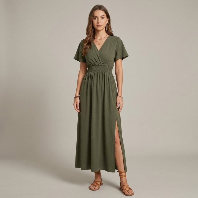 Sophisticated women's short-sleeve dress – chic Peter Pan collar, elegant style