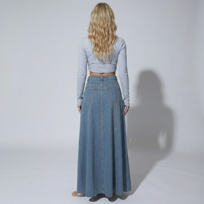 Długa spódnica dżinsowa w kratę z wysokim stanem dla kobiet – rozkloszowana, długa, swobodny i szykowny design