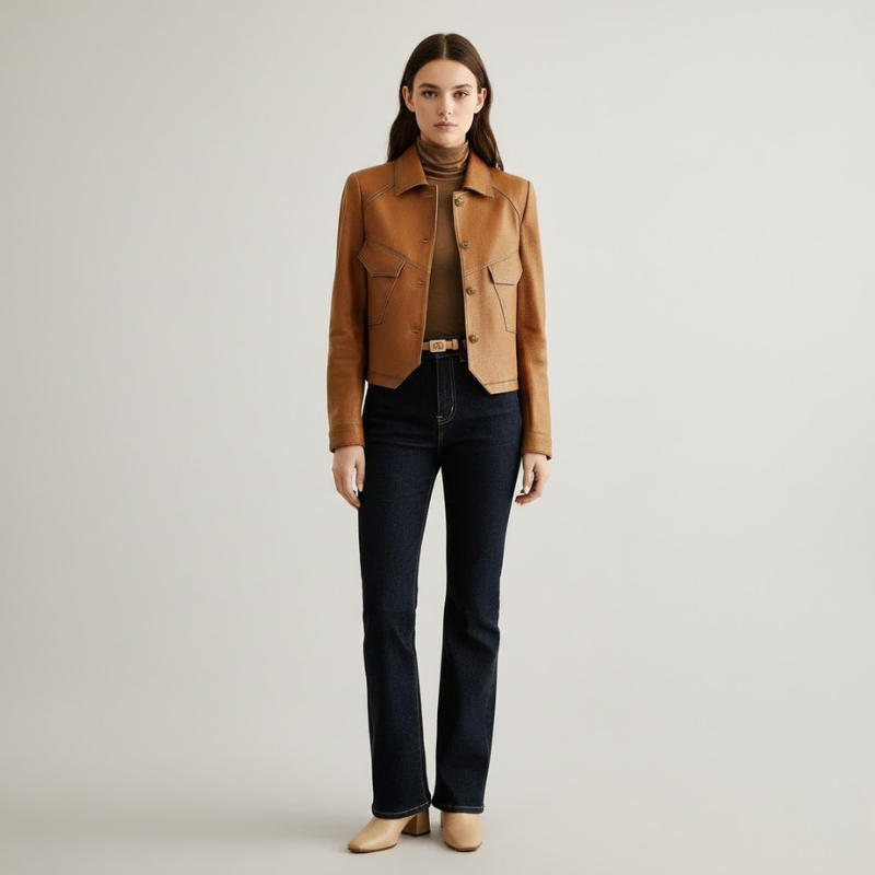 Uniwersalna brązowa kurtka damska – wyrafinowany krój z długim rękawem