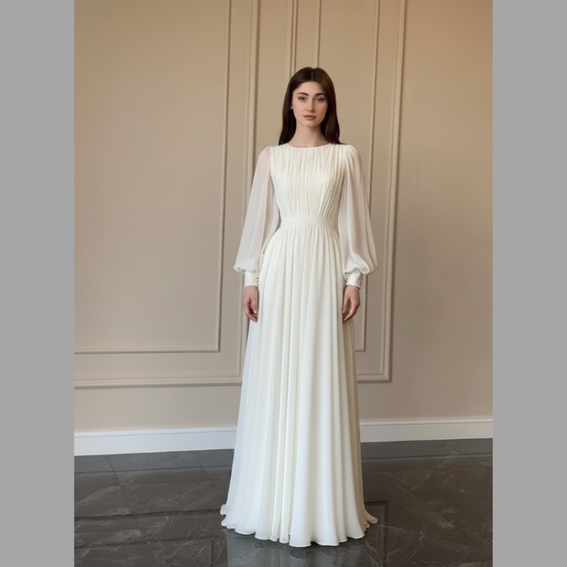 Długa sukienka damska z bufiastymi rękawami – elegancka kreacja na wesele i oficjalne wyjście