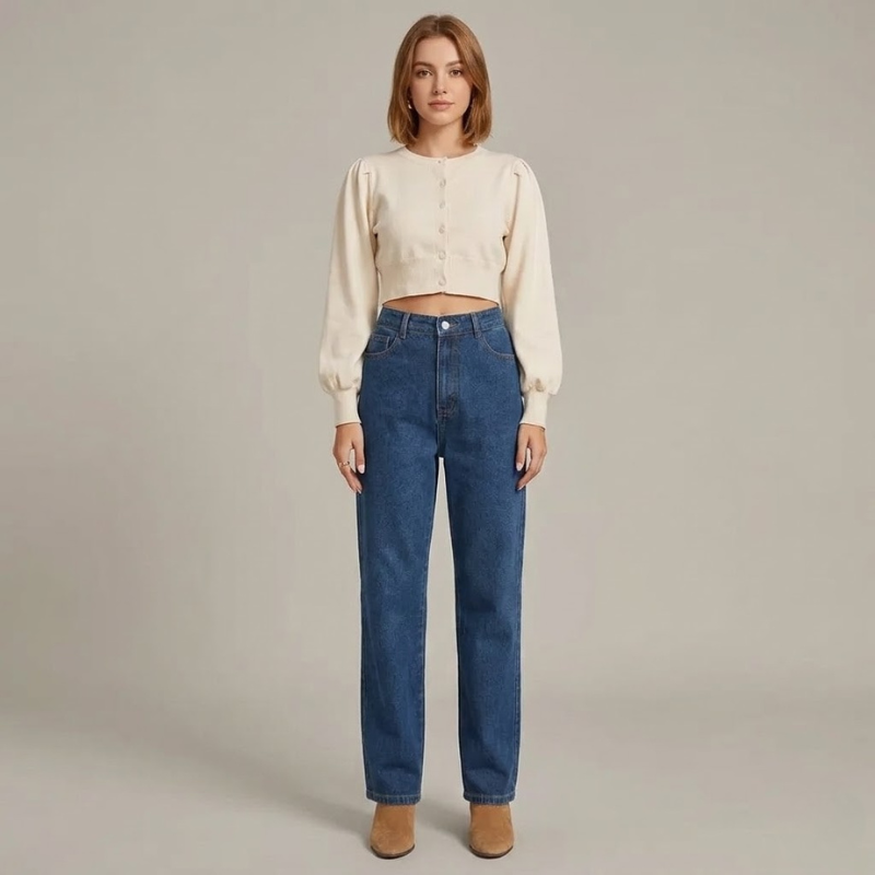 Spodnie damskie z wysokim stanem i prostymi nogawkami – klasyczne jeansy na co dzień w ciemnym odcieniu