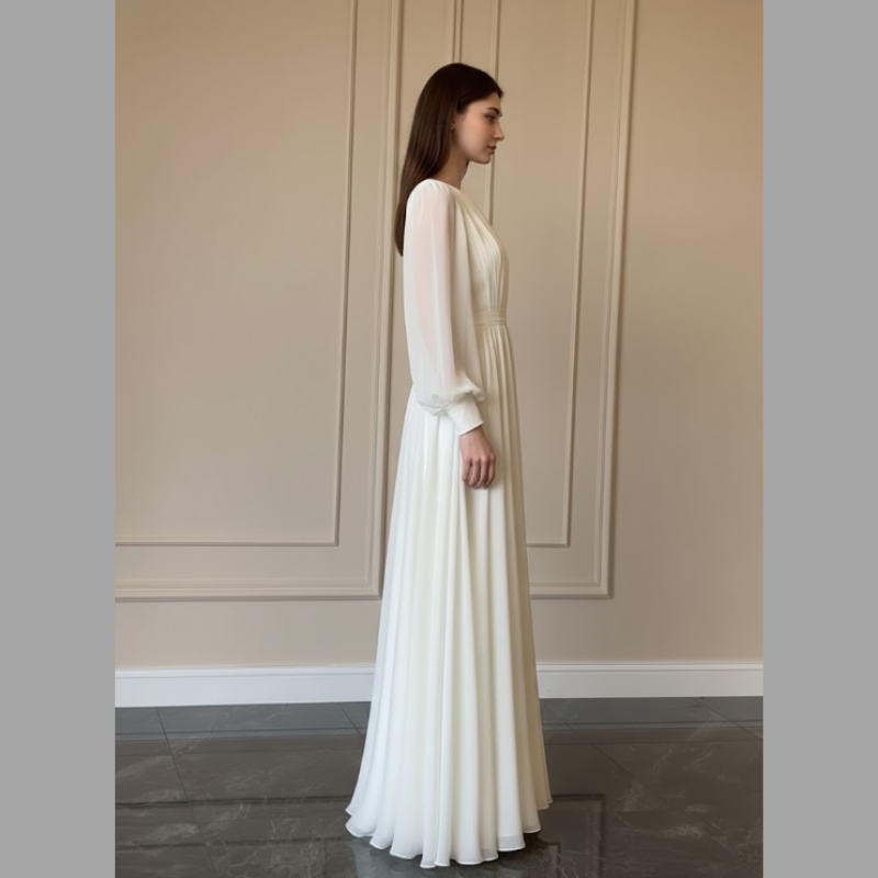 Długa sukienka damska z bufiastymi rękawami – elegancka kreacja na wesele i oficjalne wyjście