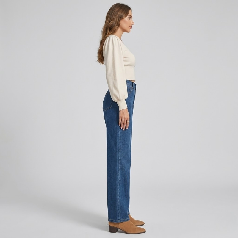 Spodnie damskie z wysokim stanem i prostymi nogawkami – klasyczne jeansy na co dzień w ciemnym odcieniu