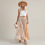 Women's boho-style maxi skirt – loose silhouette with decorative button fastening at the front