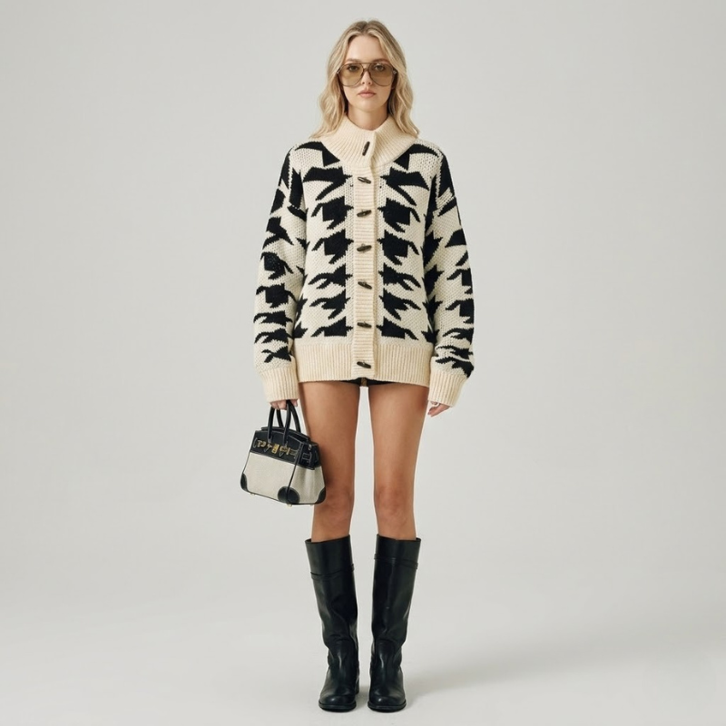 Damski kardigan z dzianiny w czarno-biały wzór – przytulny, stylowy, zapinany na guziki, zimowy element garderoby