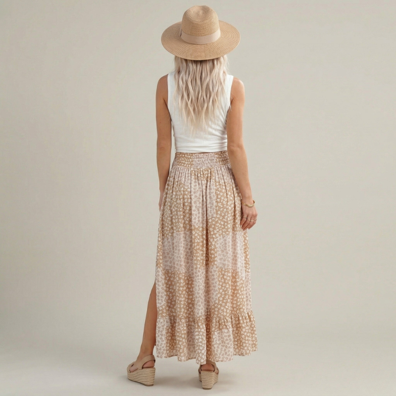 Women's boho-style maxi skirt – loose silhouette with decorative button fastening at the front