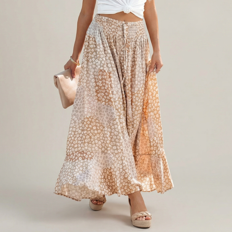 Women's boho-style maxi skirt – loose silhouette with decorative button fastening at the front