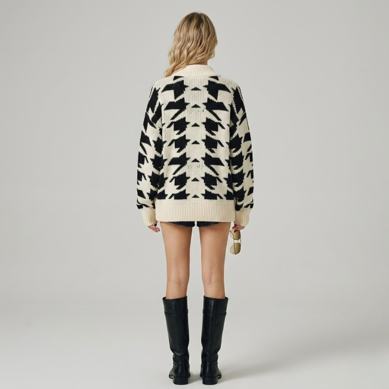 Damski kardigan z dzianiny w czarno-biały wzór – przytulny, stylowy, zapinany na guziki, zimowy element garderoby