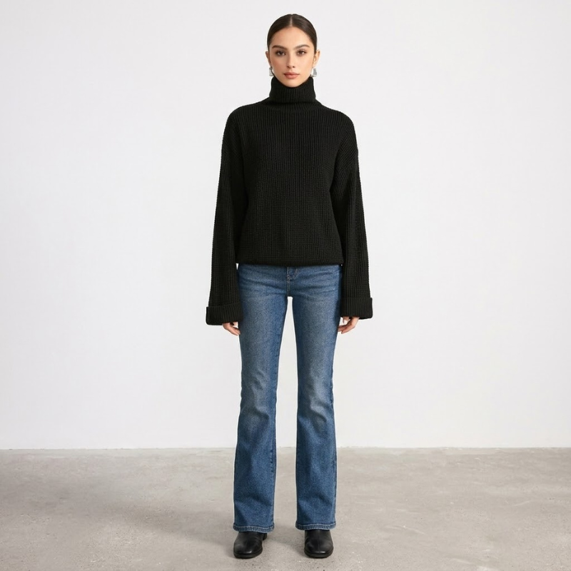 Damski top z dzianiny z rozszerzanymi rękawami i golfem – elegancki, przytulny zimowy sweter o dopasowanym kroju