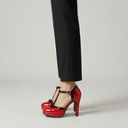 Women's T-strap platform shoes - bow with secure ankle strap