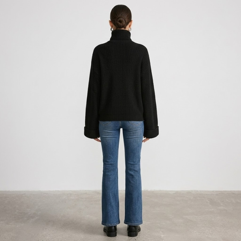 Damski top z dzianiny z rozszerzanymi rękawami i golfem – elegancki, przytulny zimowy sweter o dopasowanym kroju