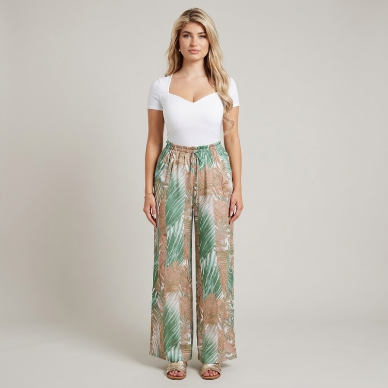 Tropikalne spodnie z szerokimi nogawkami i wysokim stanem – damskie przewiewne letnie spodnie