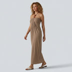 Sukienka maxi z dekoltem halter i wbudowanym biustonoszem – lniana w stylu resortowym z kieszeniami