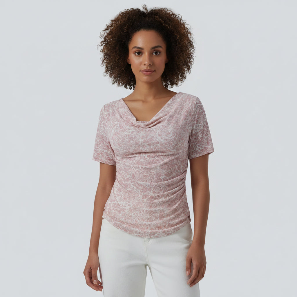 Koszulka z dekoltem typu drapowany kołnierz – krótki rękaw, marszczona, swobodna i szykowna bluzka z efektem tie-dye