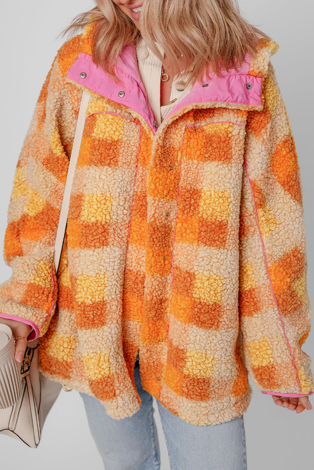 Briselle | Women's Plaid Sherpa Jacket – Plaid Coat with Hood and Long Sleeves