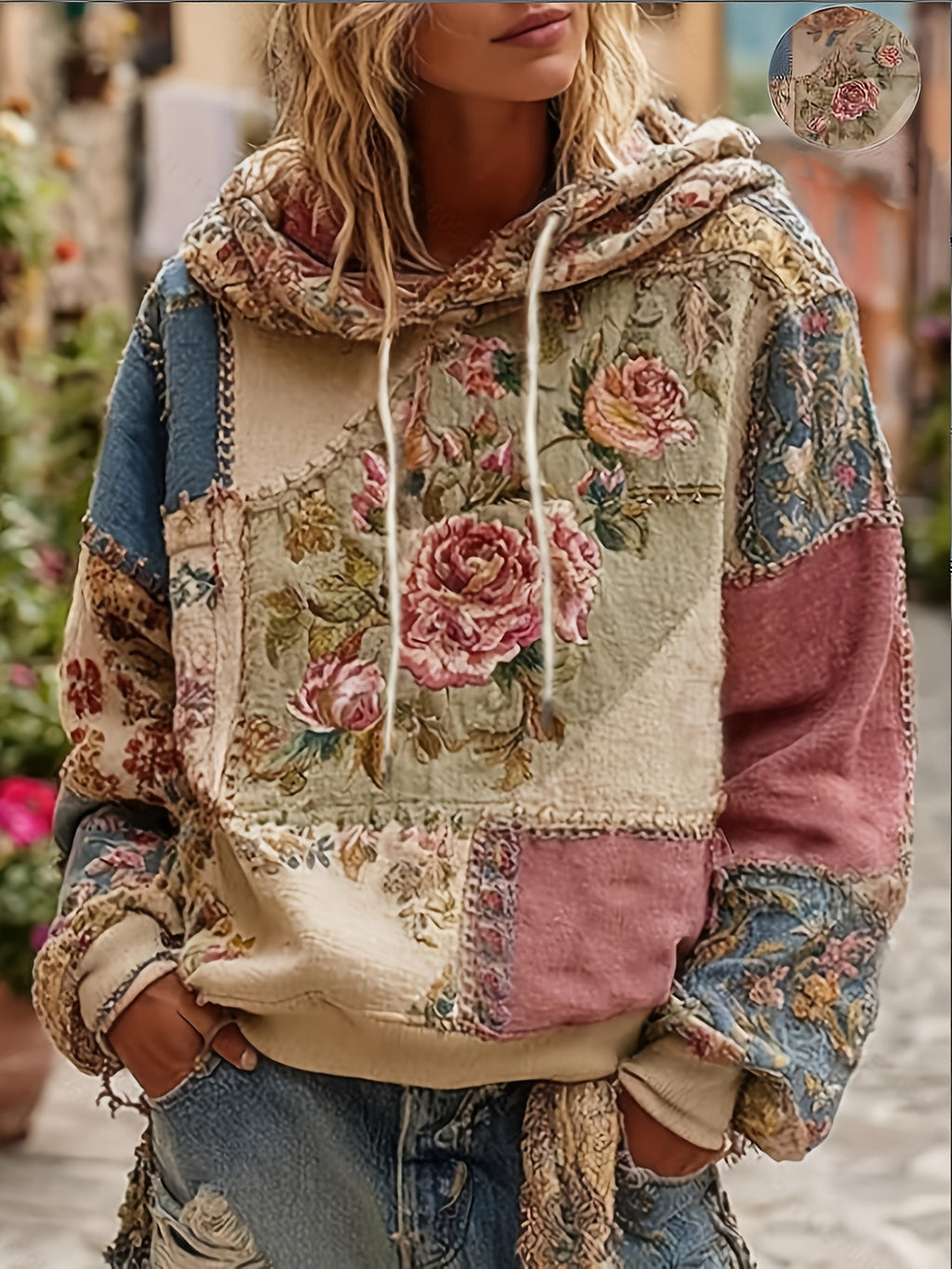 Milani | Damska bluza z kapturem w stylu casualowym z nadrukiem – retro kwiatowy wzór w stylu patchworku