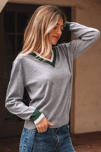 Belmira | Damska szara bluza w stylu varsity – sweter z dekoltem w serek