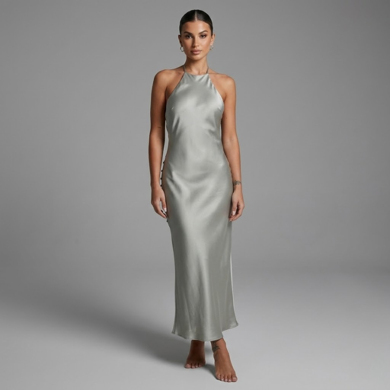 Elegancka, bezrękawnikowa sukienka maxi z odkrytymi plecami – elegancka, zwiewna sukienka wieczorowa dla kobiet