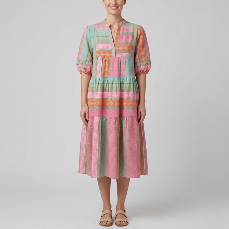 Elegant midi dress with puff sleeves, calf-length – elegant, sophisticated women's fashion