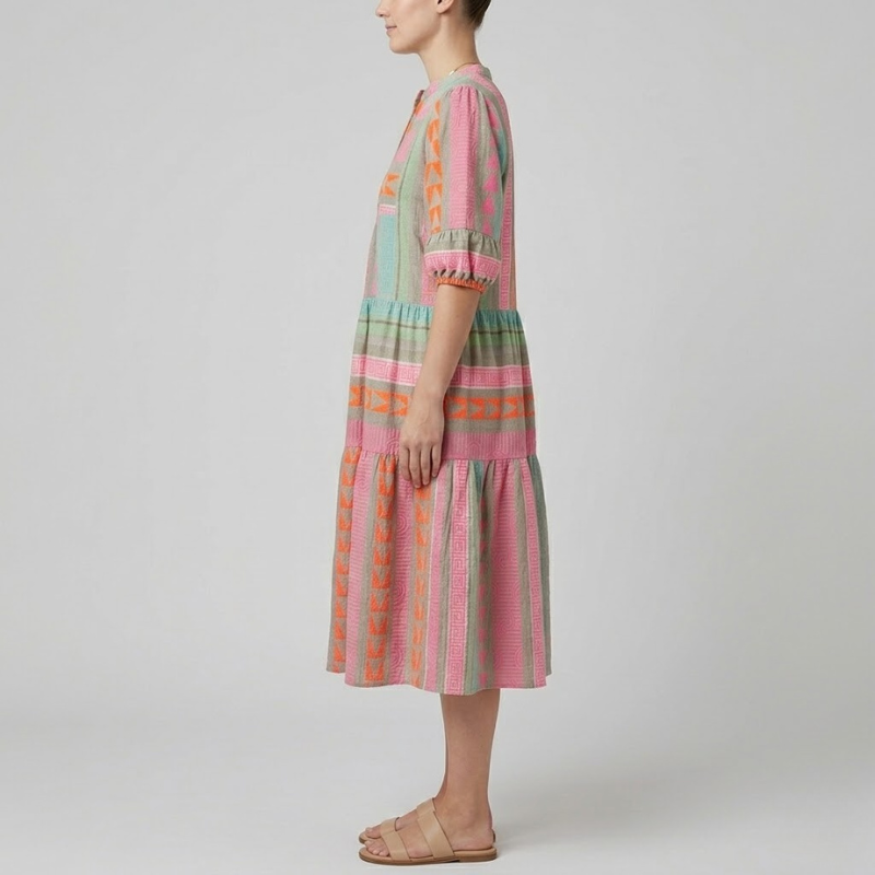 Elegant midi dress with puff sleeves, calf-length – elegant, sophisticated women's fashion