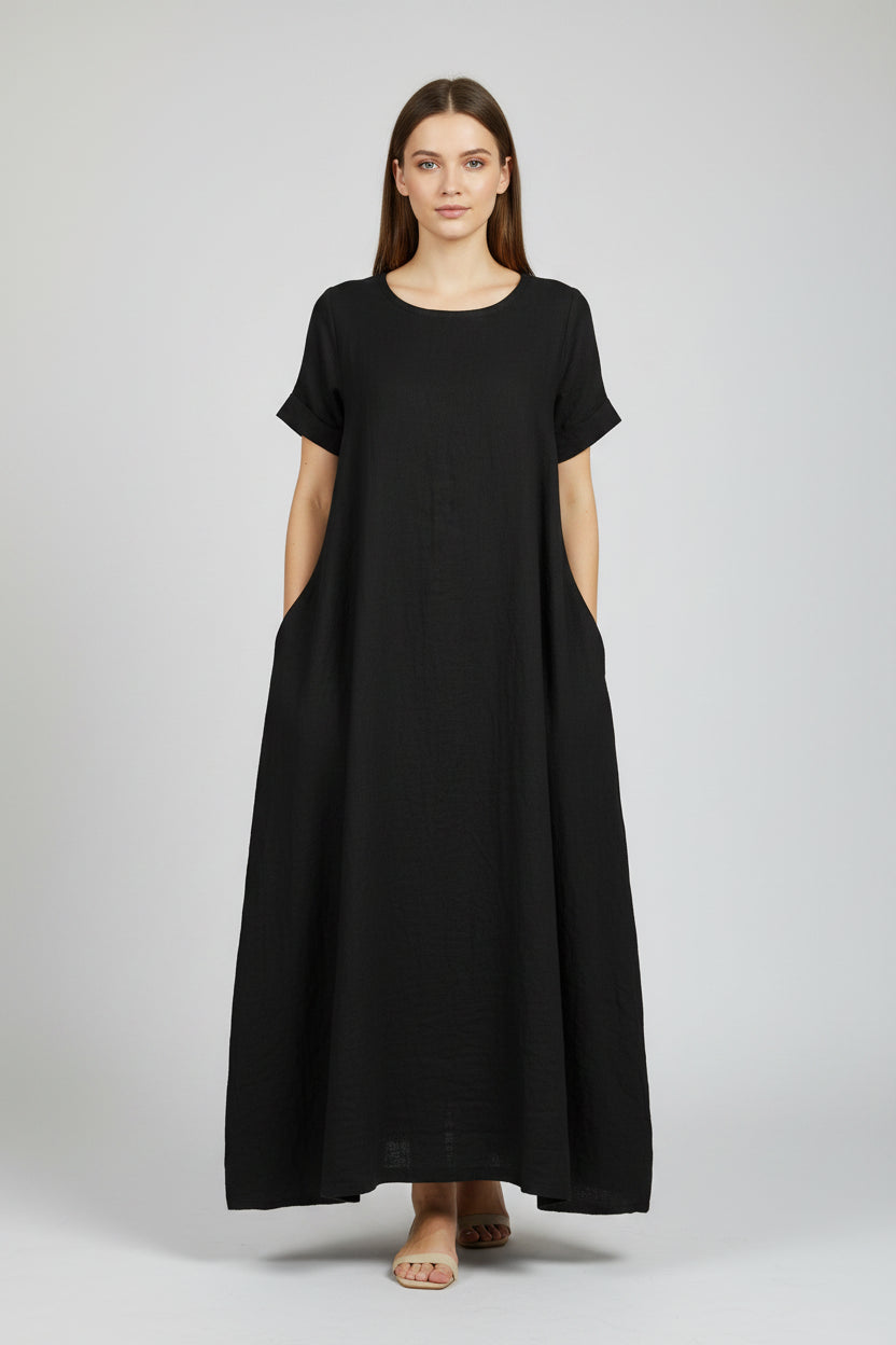 Przewiewna sukienka midi damska – luźny krój, letni, swobodny styl z funkcjonalnymi kieszeniami