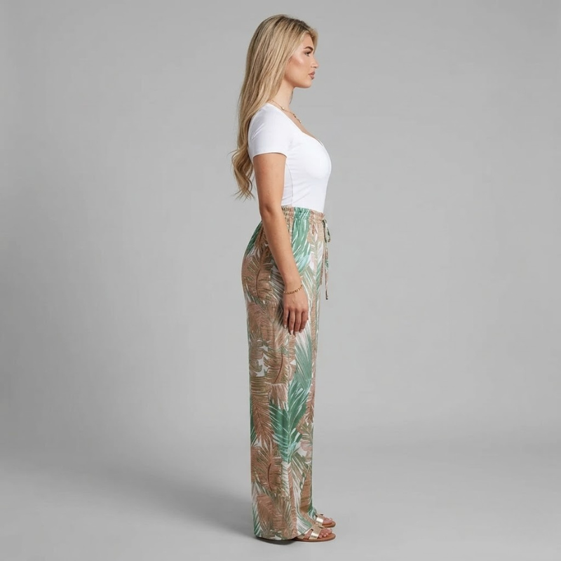 Tropikalne spodnie z szerokimi nogawkami i wysokim stanem – damskie przewiewne letnie spodnie