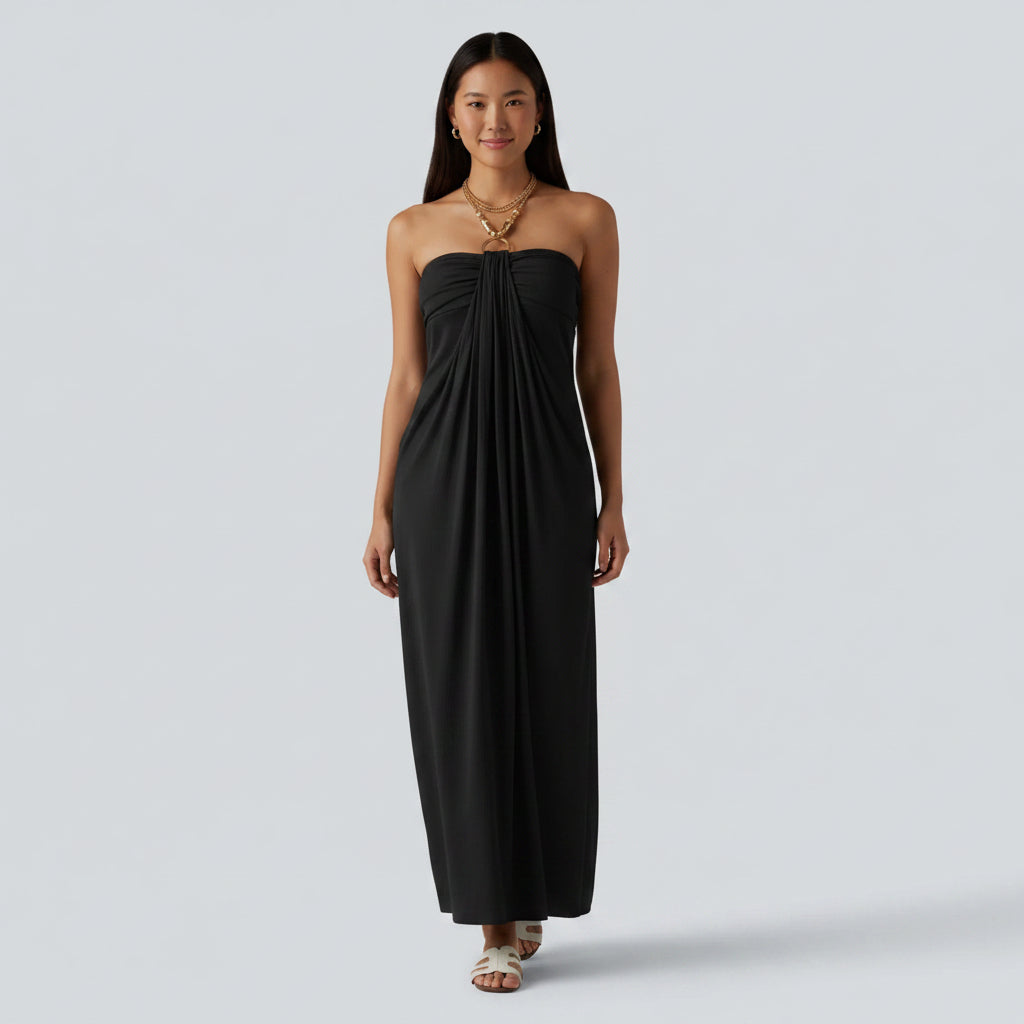 Sukienka maxi z dekoltem halter i wbudowanym biustonoszem – lniana w stylu resortowym z kieszeniami
