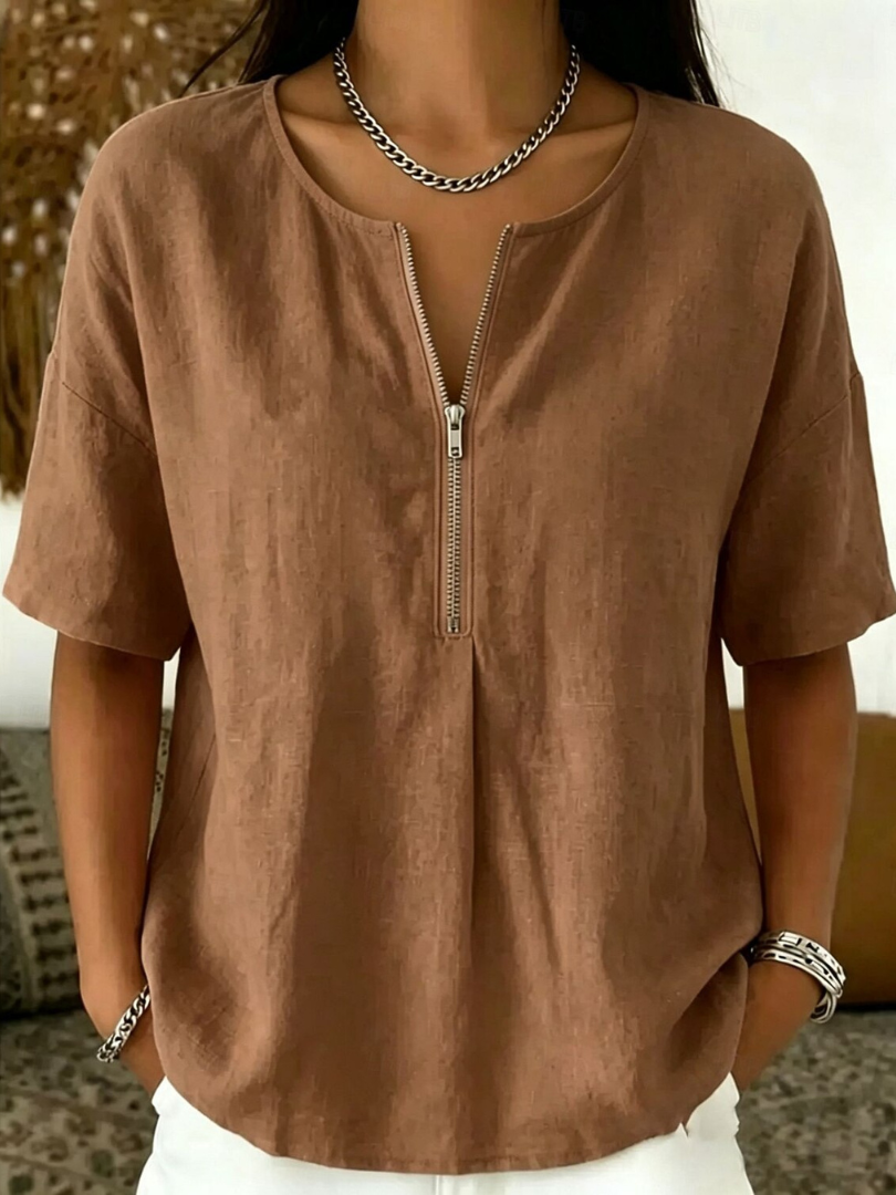 Marielle | Women's cotton and linen blouse – loose fit, V-neck with buttons