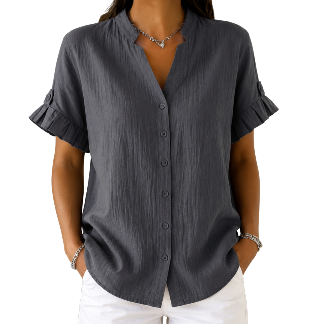 Eriselle | Women's V-neck shirt – loose fit, short sleeve, button-down