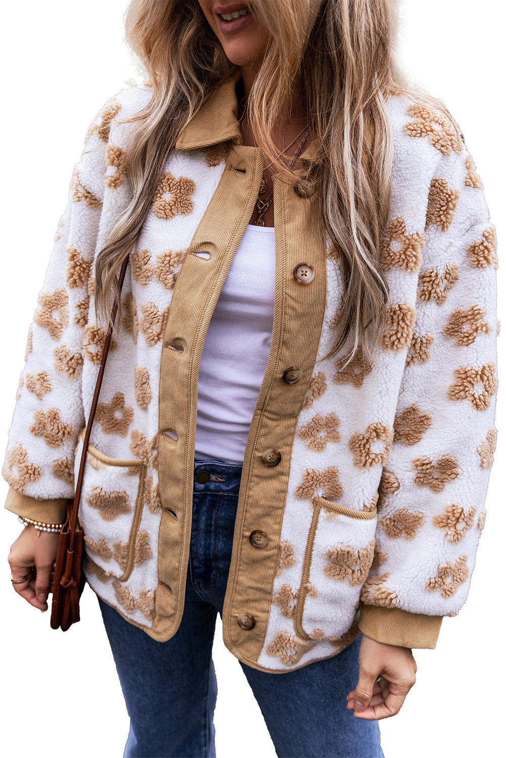 Fiorina | Floral Women's Fleece Jacket – Button-Up with Turn-Down Collar