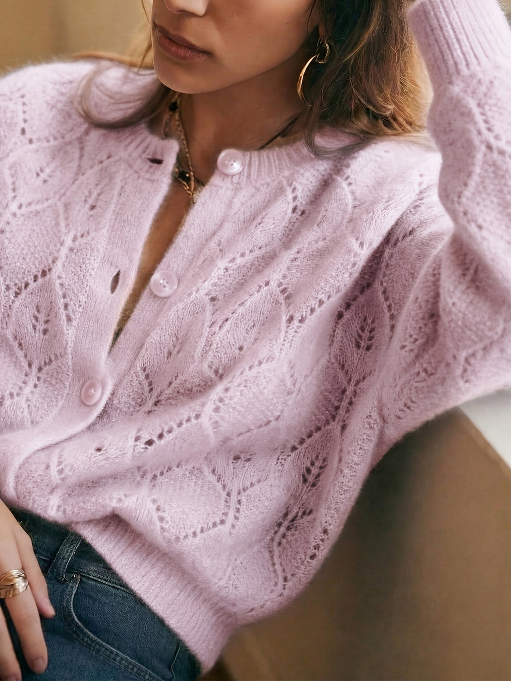 Celine | Damski sweter z dzianiny ażurowanej zapinany na guziki – luźny kardigan